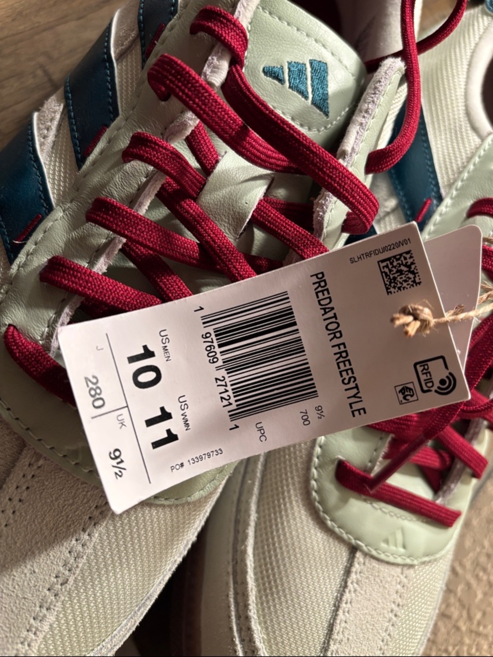 adidas Predator Freestyle White Sneakers with Teal Stripes & Burgundy Laces - Picture 4 of 4